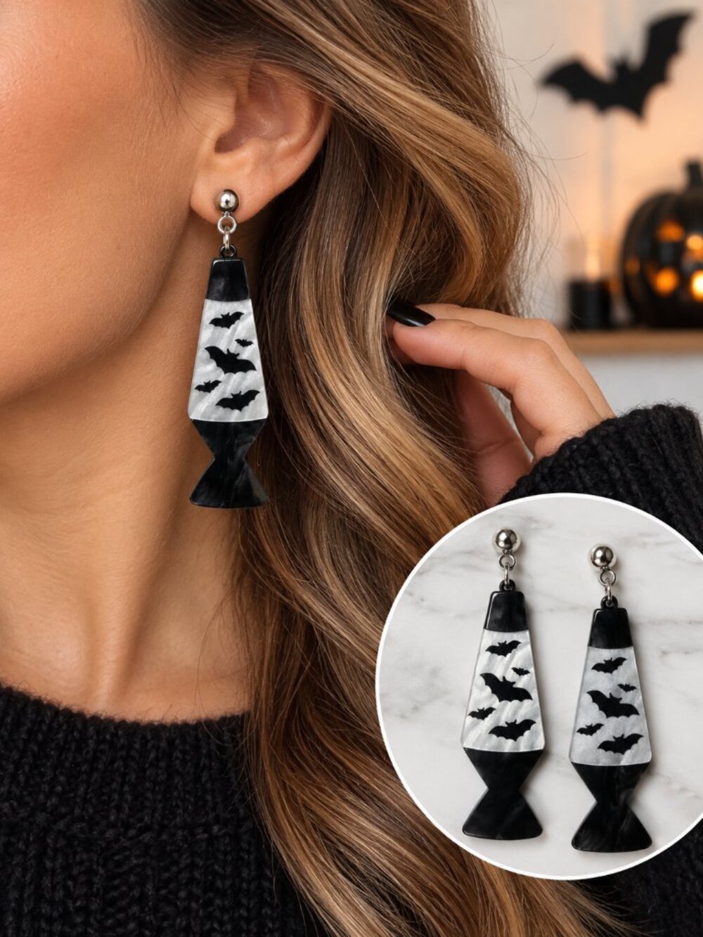 Bat Lava Lamp Earrings Halloween Retro Goth Marbled Black Silver Dangle Spooky
